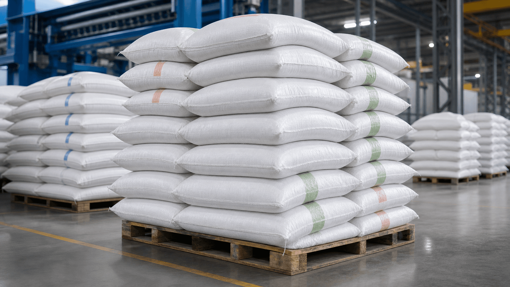 PP and HDPE sacks stacked in a heavy industrial warehouse