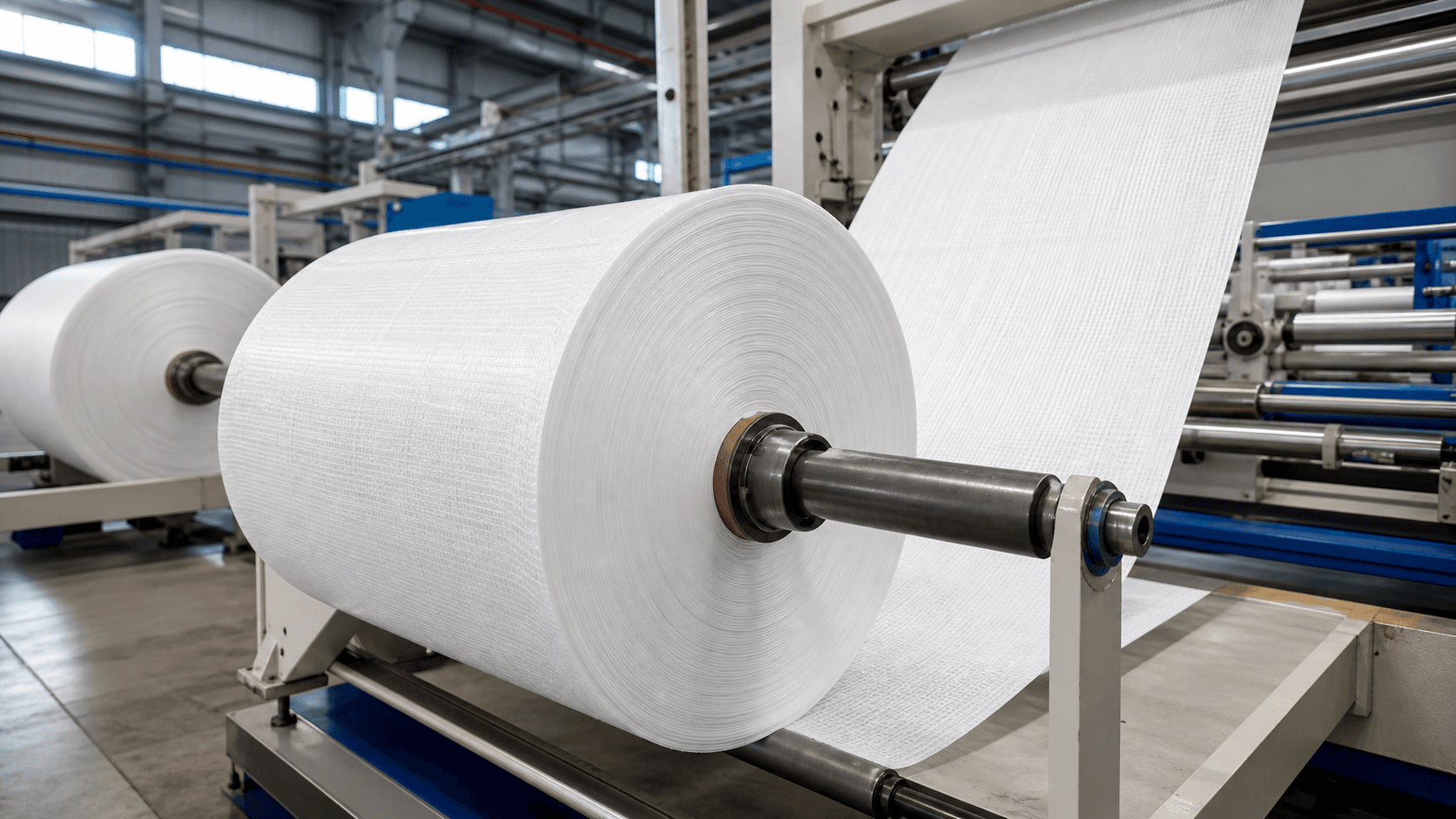 PP woven roll on a metal shaft inside an industrial weaving facility