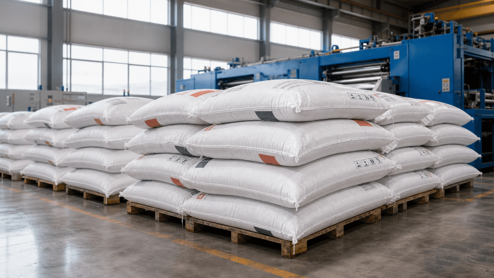 Printed PP woven bags stacked on pallets in a packaging warehouse